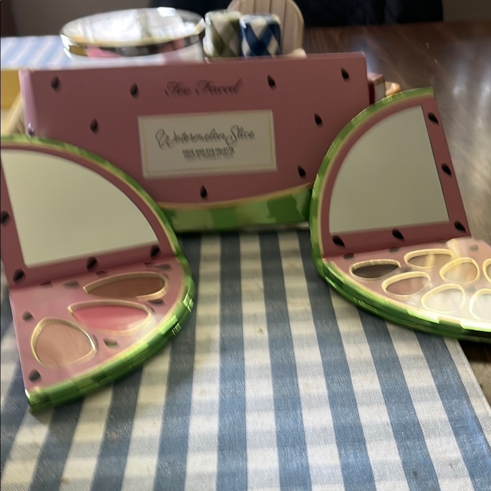 Too Faced Watermelon Slice Palette with Pink and Green Design.